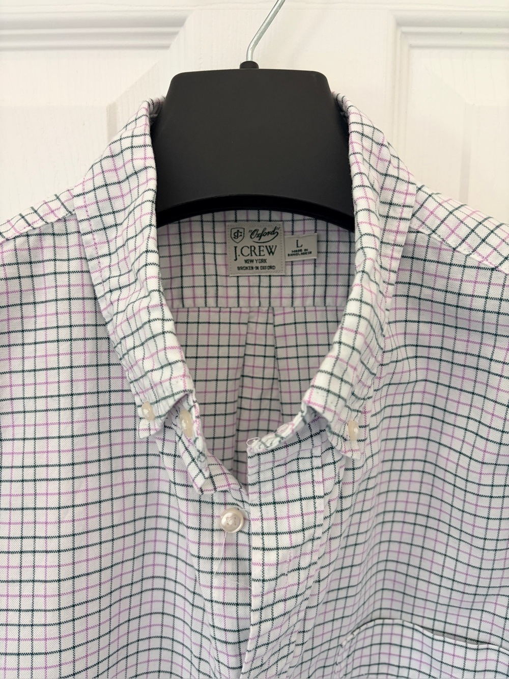 J Crew Classic Fit Green & Pink Tattersall Oxford Shirt - Large